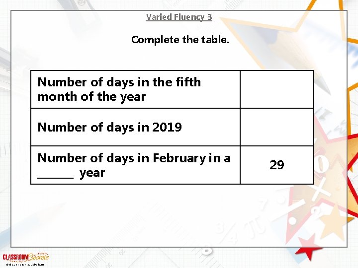 Varied Fluency 3 Complete the table. Number of days in the fifth month of