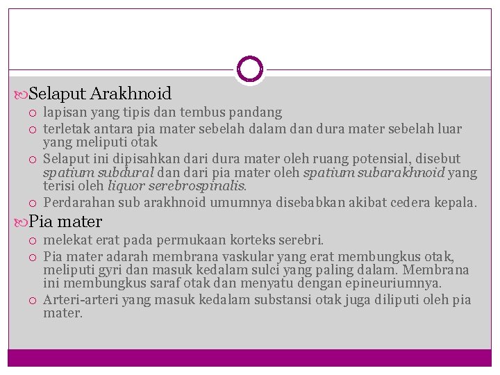  Selaput Arakhnoid lapisan yang tipis dan tembus pandang terletak antara pia mater sebelah