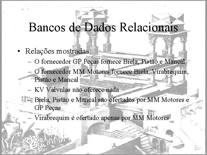 Bancos de Dados Relacionais • Relações mostradas: – O fornecedor GP Peças fornece Biela,