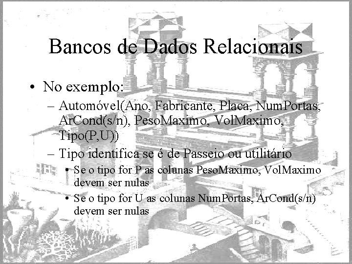 Bancos de Dados Relacionais • No exemplo: – Automóvel(Ano, Fabricante, Placa, Num. Portas, Ar.