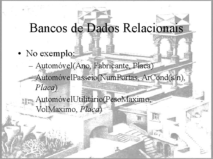 Bancos de Dados Relacionais • No exemplo: – Automóvel(Ano, Fabricante, Placa) – Automóvel. Passeio(Num.