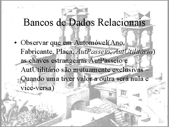 Bancos de Dados Relacionais • Observar que em Automóvel(Ano, Fabricante, Placa, Aut. Passeio, Aut.