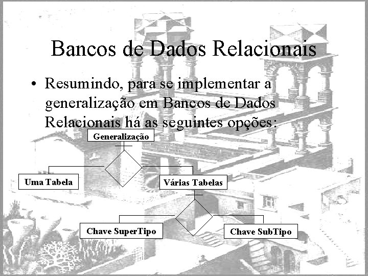 Bancos de Dados Relacionais • Resumindo, para se implementar a generalização em Bancos de