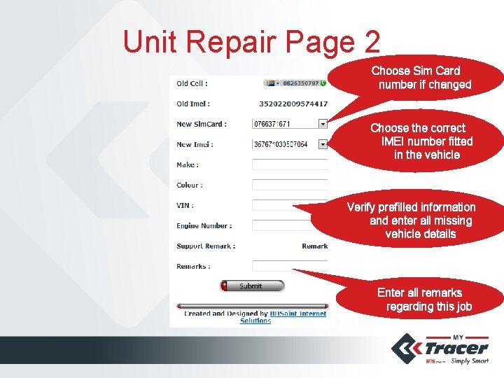 Unit Repair Page 2 Choose Sim Card number if changed Choose the correct IMEI