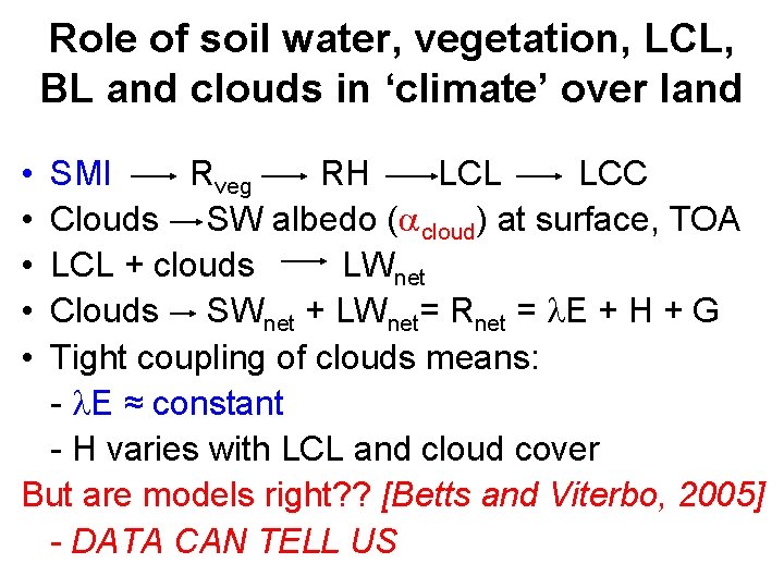 Role of soil water, vegetation, LCL, BL and clouds in ‘climate’ over land •