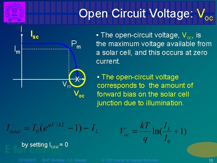 Open Circuit Voltage: Voc I Isc Pm Im Vm X Voc • The open-circuit