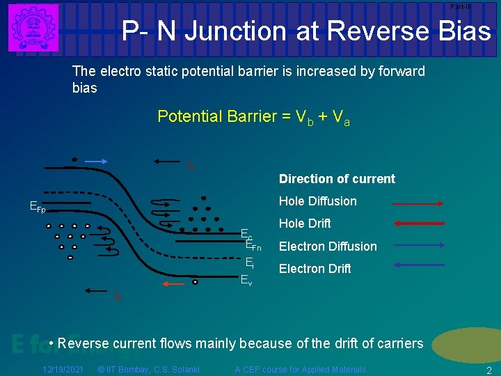 Part-III P- N Junction at Reverse Bias The electro static potential barrier is increased
