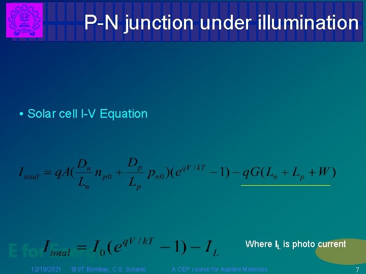 P-N junction under illumination • Solar cell I-V Equation E for Energy 12/19/2021 ©