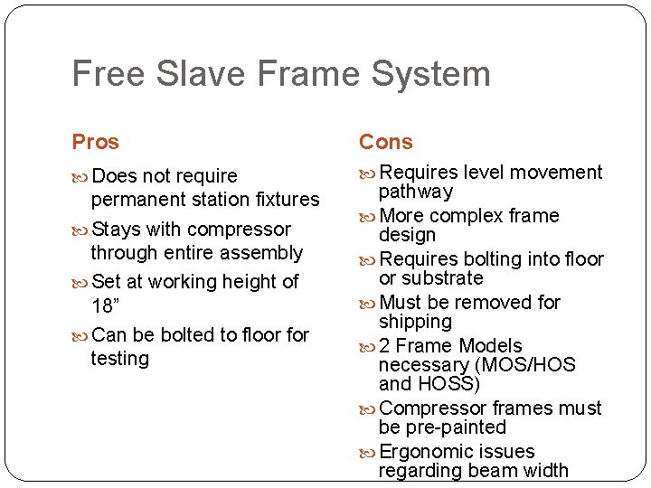 Free Slave Frame System Pros Cons Does not require Requires level movement permanent station