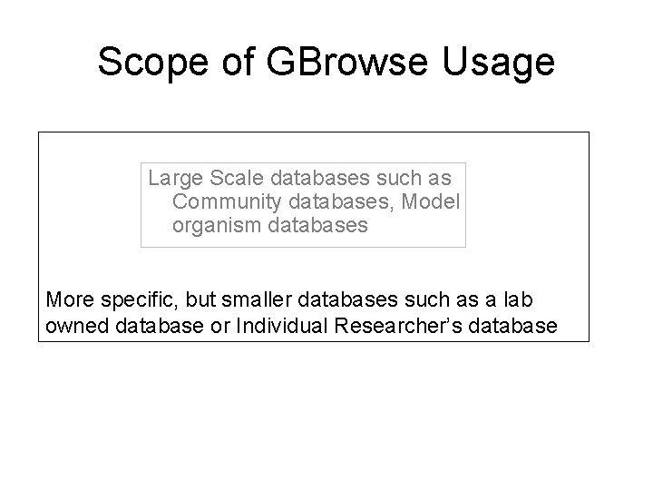 Scope of GBrowse Usage Large Scale databases such as Community databases, Model organism databases