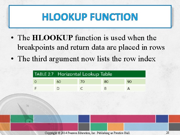 HLOOKUP FUNCTION • The HLOOKUP function is used when the breakpoints and return data