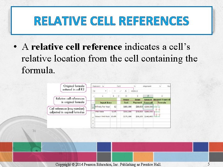 RELATIVE CELL REFERENCES • A relative cell reference indicates a cell’s relative location from