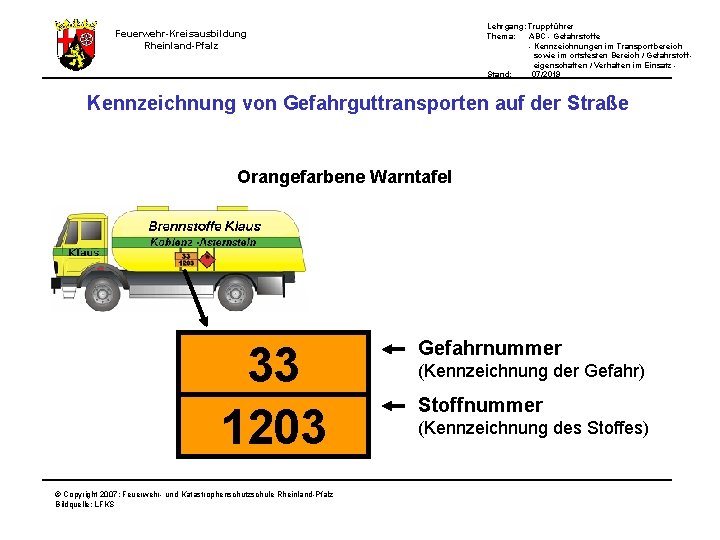 Lehrgang: Truppführer Thema: ABC - Gefahrstoffe - Kennzeichnungen im Transportbereich sowie im ortsfesten Bereich