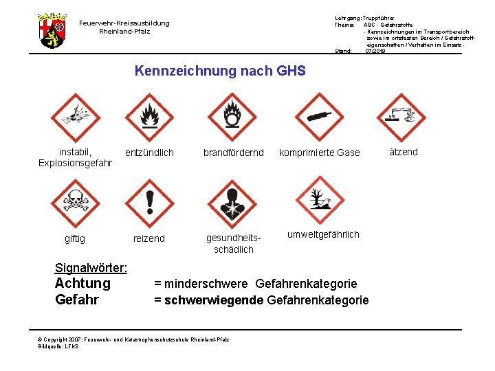 Lehrgang: Truppführer Thema: ABC - Gefahrstoffe - Kennzeichnungen im Transportbereich sowie im ortsfesten Bereich