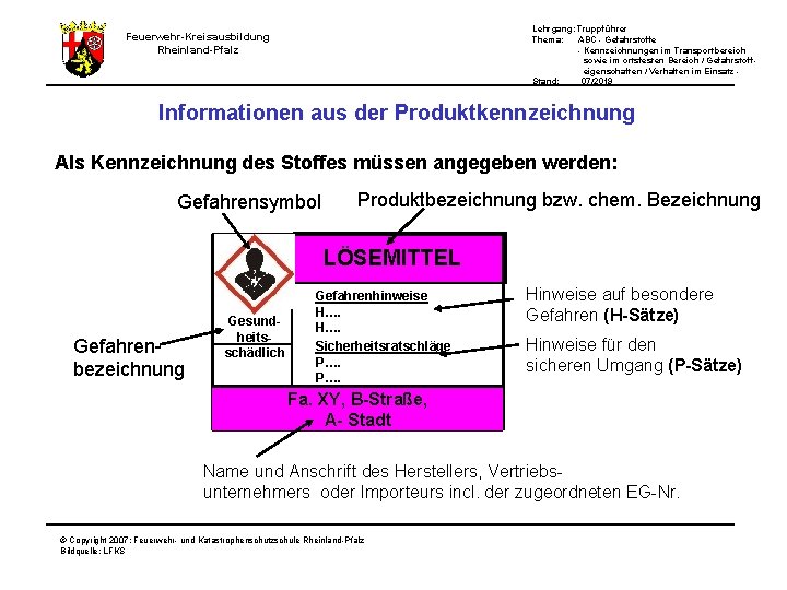 Lehrgang: Truppführer Thema: ABC - Gefahrstoffe - Kennzeichnungen im Transportbereich sowie im ortsfesten Bereich