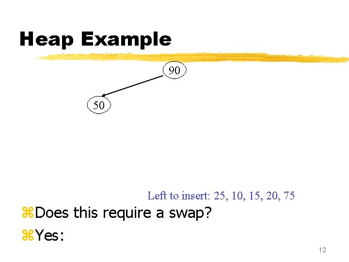 Heap Example 90 50 Left to insert: 25, 10, 15, 20, 75 z. Does
