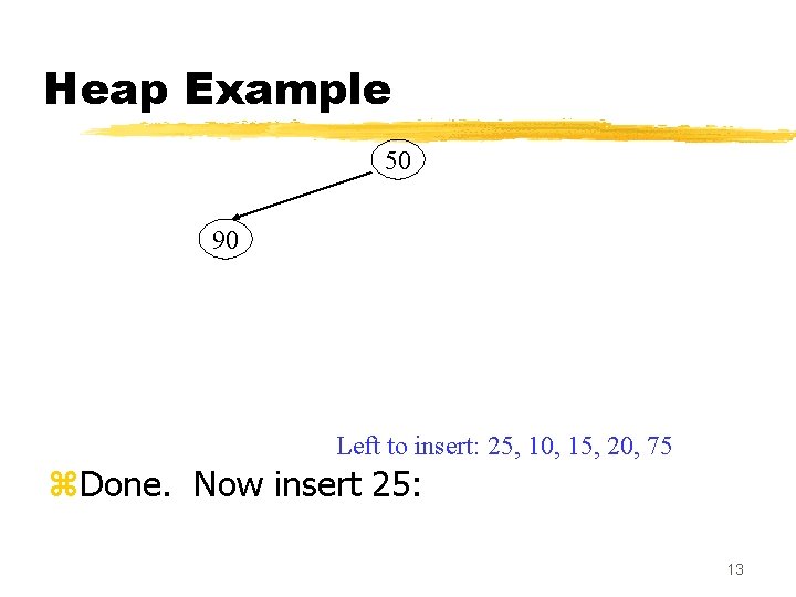 Heap Example 50 90 Left to insert: 25, 10, 15, 20, 75 z. Done.