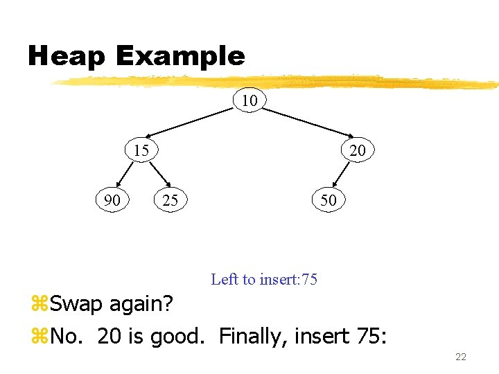 Heap Example 10 15 90 20 25 50 Left to insert: 75 z. Swap