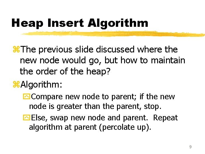 Heap Insert Algorithm z. The previous slide discussed where the new node would go,