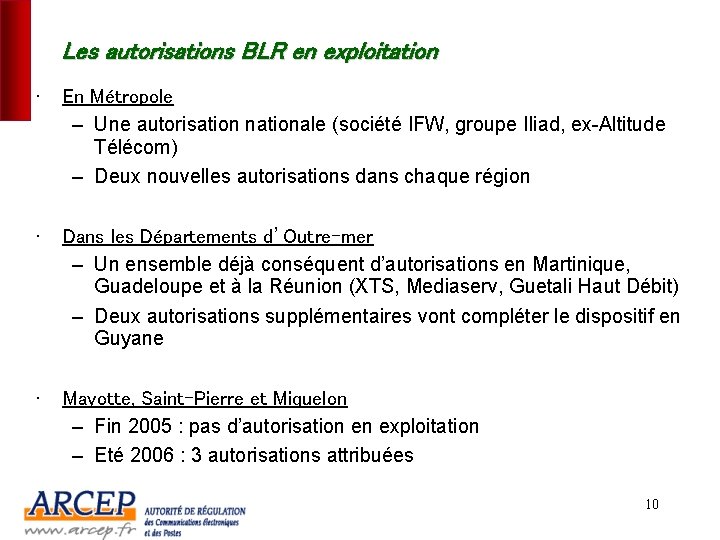 Les autorisations BLR en exploitation • En Métropole – Une autorisation nationale (société IFW,