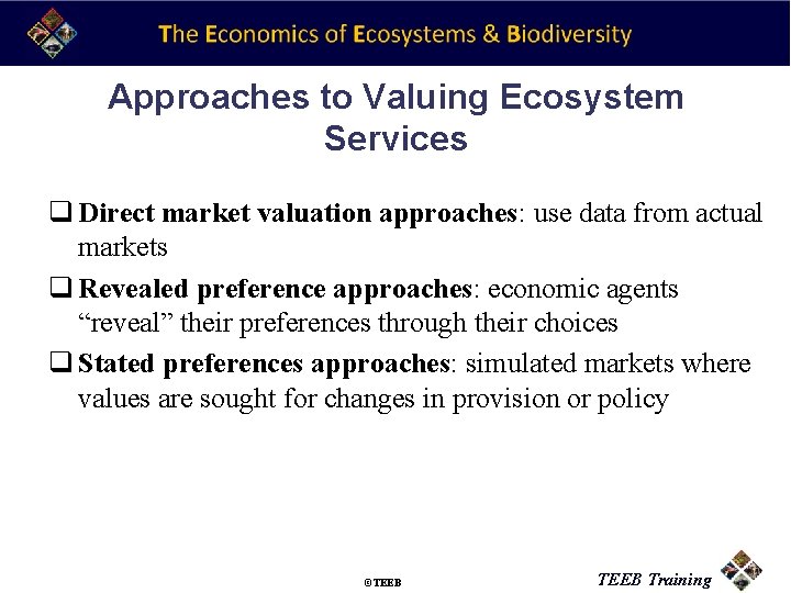 Approaches to Valuing Ecosystem Services q Direct market valuation approaches: use data from actual