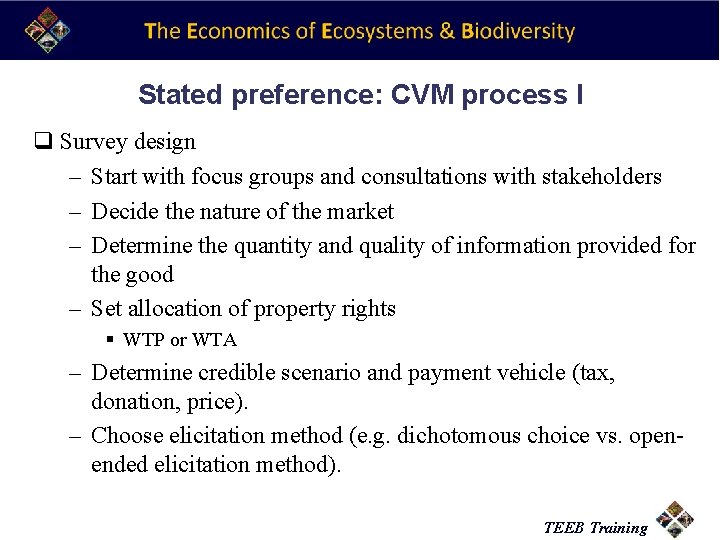 Stated preference: CVM process I q Survey design – Start with focus groups and