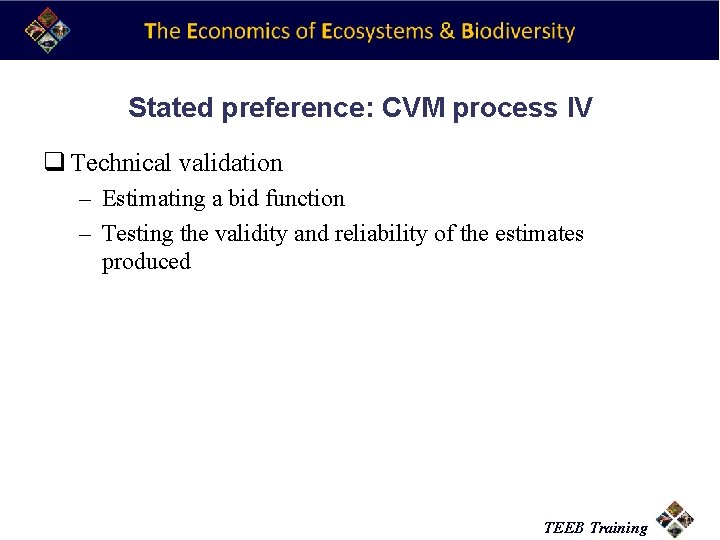 Stated preference: CVM process IV q Technical validation – Estimating a bid function –