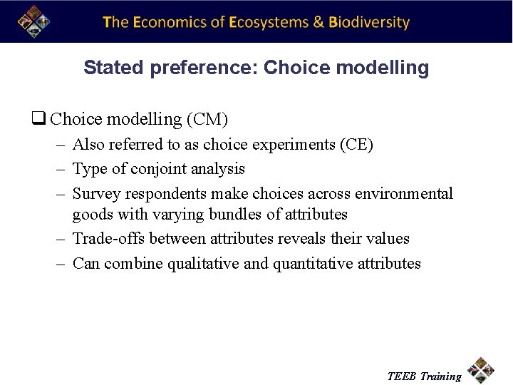 Stated preference: Choice modelling q Choice modelling (CM) – Also referred to as choice