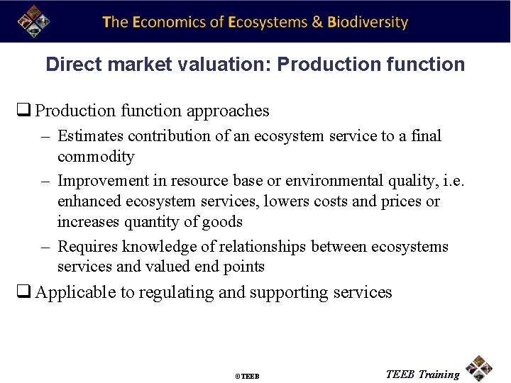 Direct market valuation: Production function q Production function approaches – Estimates contribution of an