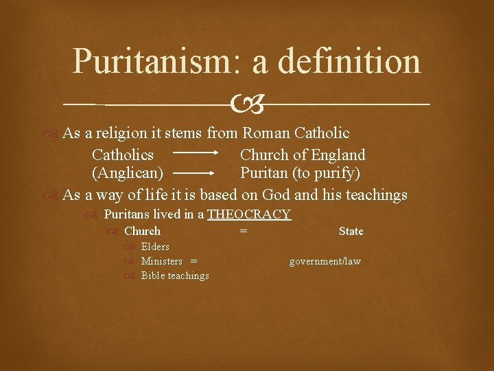 Puritanism: a definition As a religion it stems from Roman Catholics Church of England