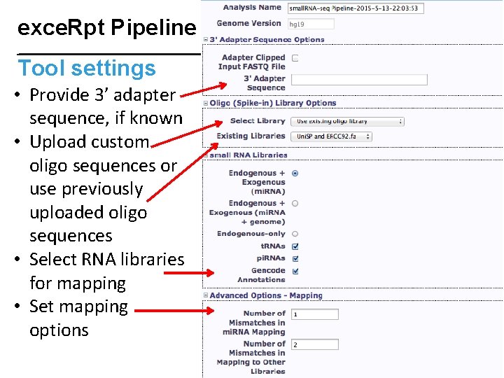 exce. Rpt Pipeline Tool settings • Provide 3’ adapter sequence, if known • Upload