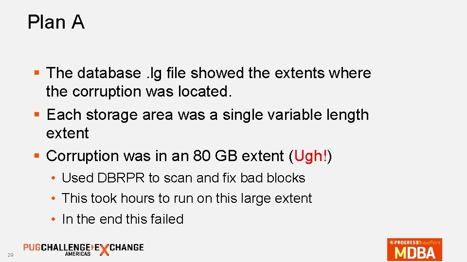 Plan A § The database. lg file showed the extents where the corruption was