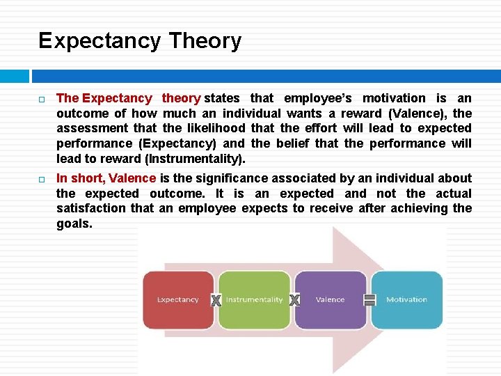 Expectancy Theory The Expectancy theory states that employee’s motivation is an outcome of how