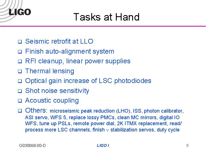 Tasks at Hand q q q q Seismic retrofit at LLO Finish auto-alignment system