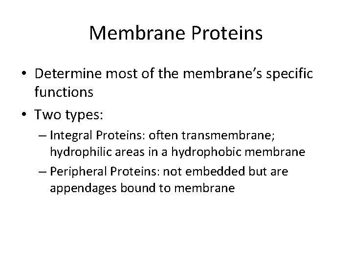 Membrane Proteins • Determine most of the membrane’s specific functions • Two types: –