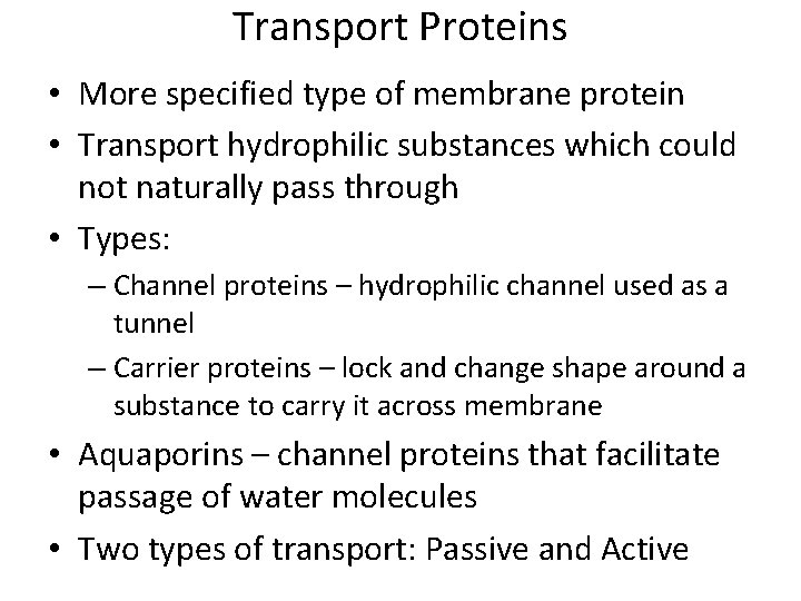 Transport Proteins • More specified type of membrane protein • Transport hydrophilic substances which