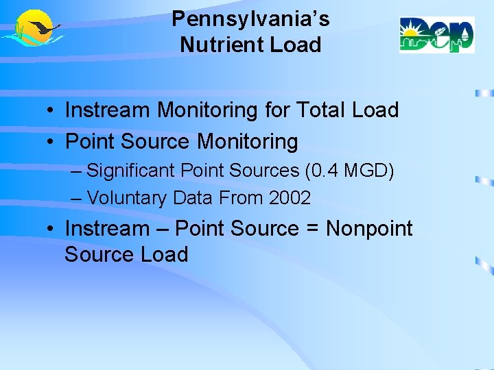 Pennsylvania’s Nutrient Load • Instream Monitoring for Total Load • Point Source Monitoring –