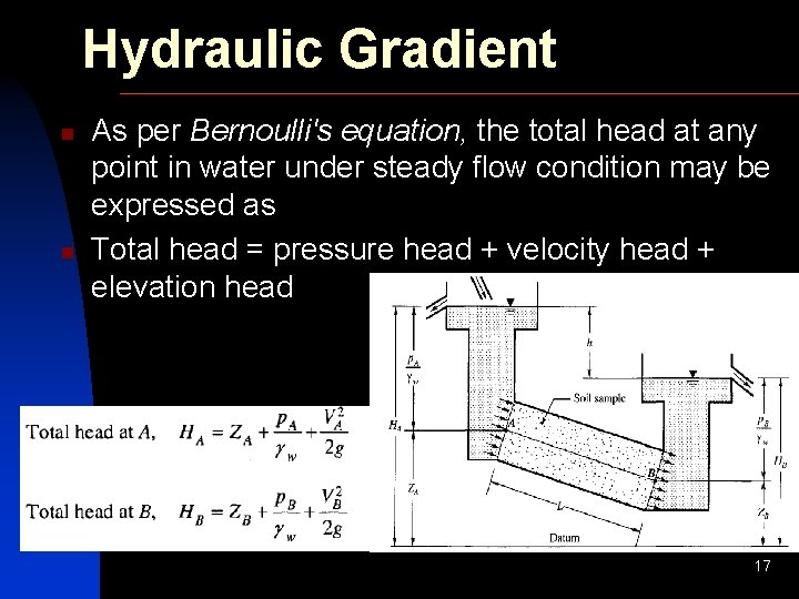 Hydraulic Gradient n n As per Bernoulli's equation, the total head at any point