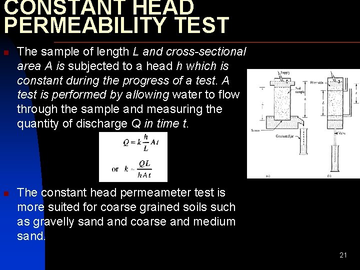 CONSTANT HEAD PERMEABILITY TEST n n The sample of length L and cross-sectional area