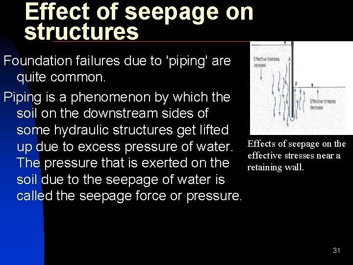 Effect of seepage on structures Foundation failures due to 'piping' are quite common. Piping