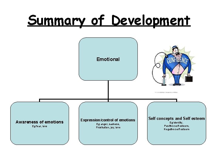 Summary of Development Emotional Awareness of emotions Eg fear, love Expression/control of emotions Eg