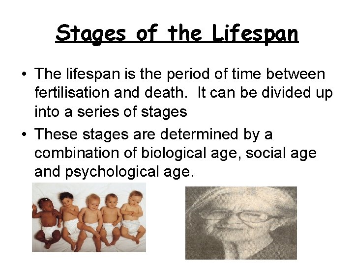 Stages of the Lifespan • The lifespan is the period of time between fertilisation