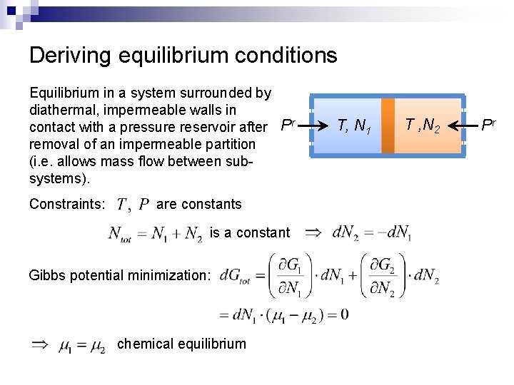 Deriving equilibrium conditions Equilibrium in a system surrounded by diathermal, impermeable walls in contact