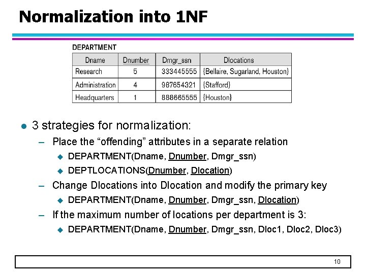 Normalization into 1 NF l 3 strategies for normalization: – Place the “offending” attributes