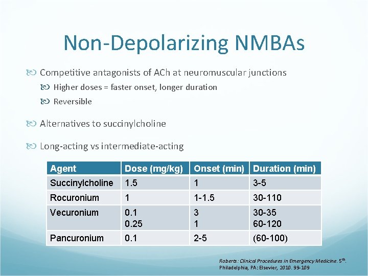 Non-Depolarizing NMBAs Competitive antagonists of ACh at neuromuscular junctions Higher doses = faster onset,