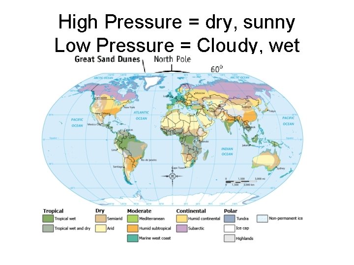 High Pressure = dry, sunny Low Pressure = Cloudy, wet 
