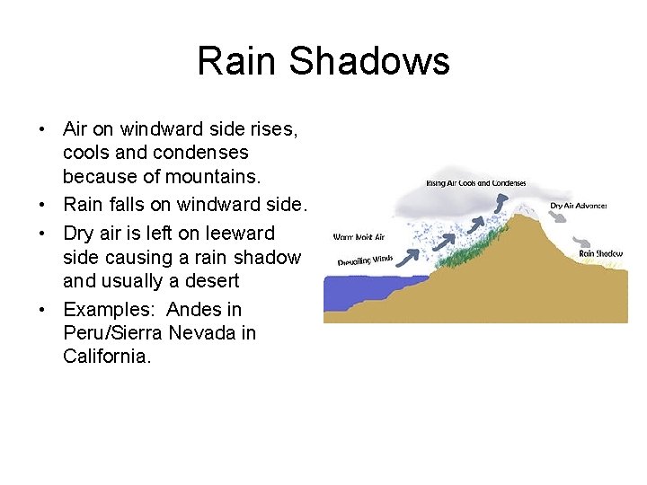 Rain Shadows • Air on windward side rises, cools and condenses because of mountains.