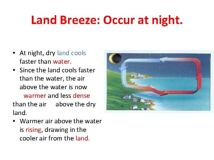 Land Breeze: Occur at night. • At night, dry land cools faster than water.