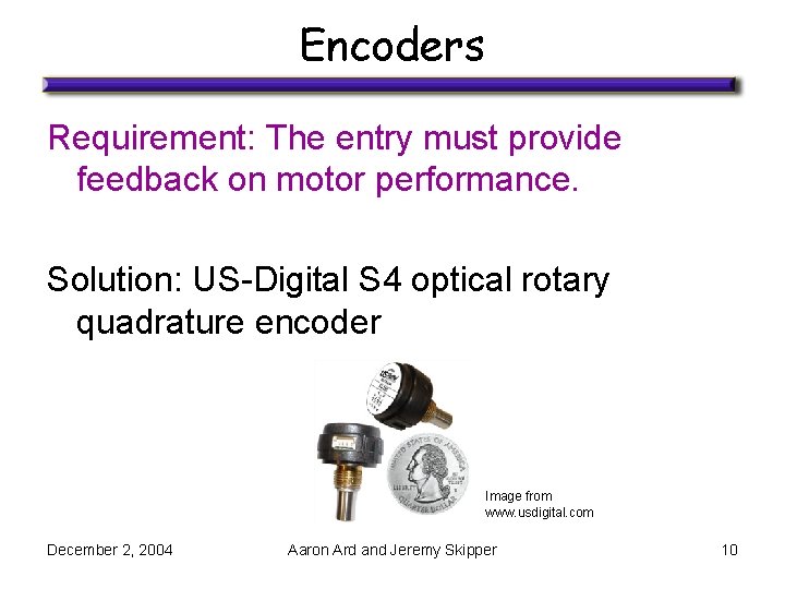Encoders Requirement: The entry must provide feedback on motor performance. Solution: US-Digital S 4