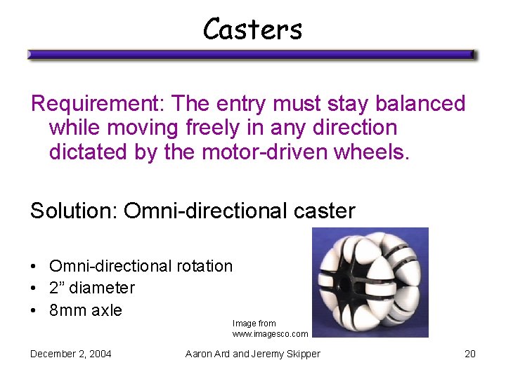 Casters Requirement: The entry must stay balanced while moving freely in any direction dictated